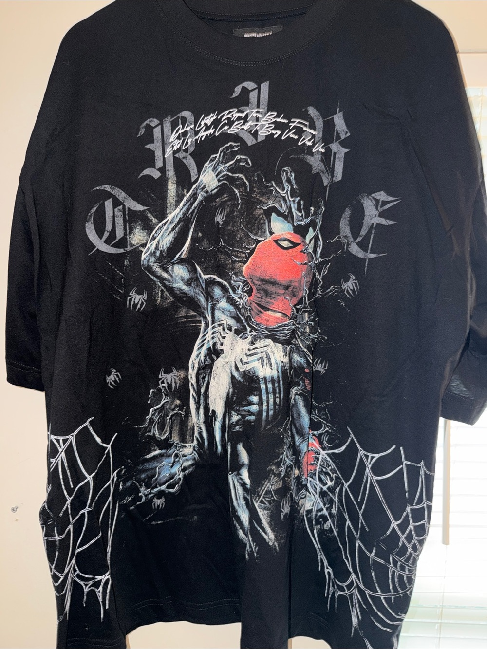 Black Graphic Spider Skull Tee with Red Mask Detail
